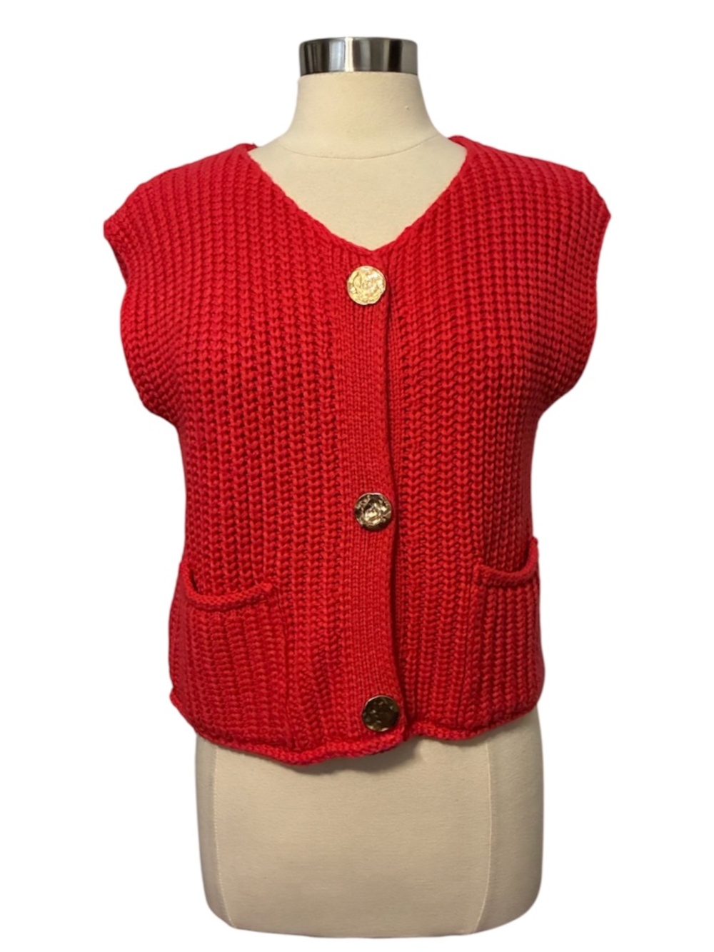 Burnt Orange Sleeveless Cropped Crochet Knit Cardigan Sweater Vest Size Medium